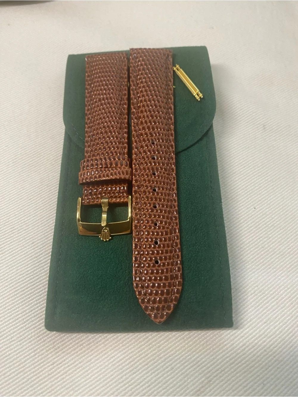 Vintage Brown Lizard-Texture Leather Watch Strap Rolex Gold Plated Buckle 20mm